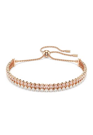 Bracelet ajustable en or rose avec deux rangées de cristaux ronds roses et transparents, avec fermoir coulissant et extrémités de chaîne délicates.