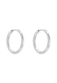 Orecchini a cerchio in argento con un design liscio e arrotondato, dotati di chiusura a cerniera e di una finitura lucida e lucente.