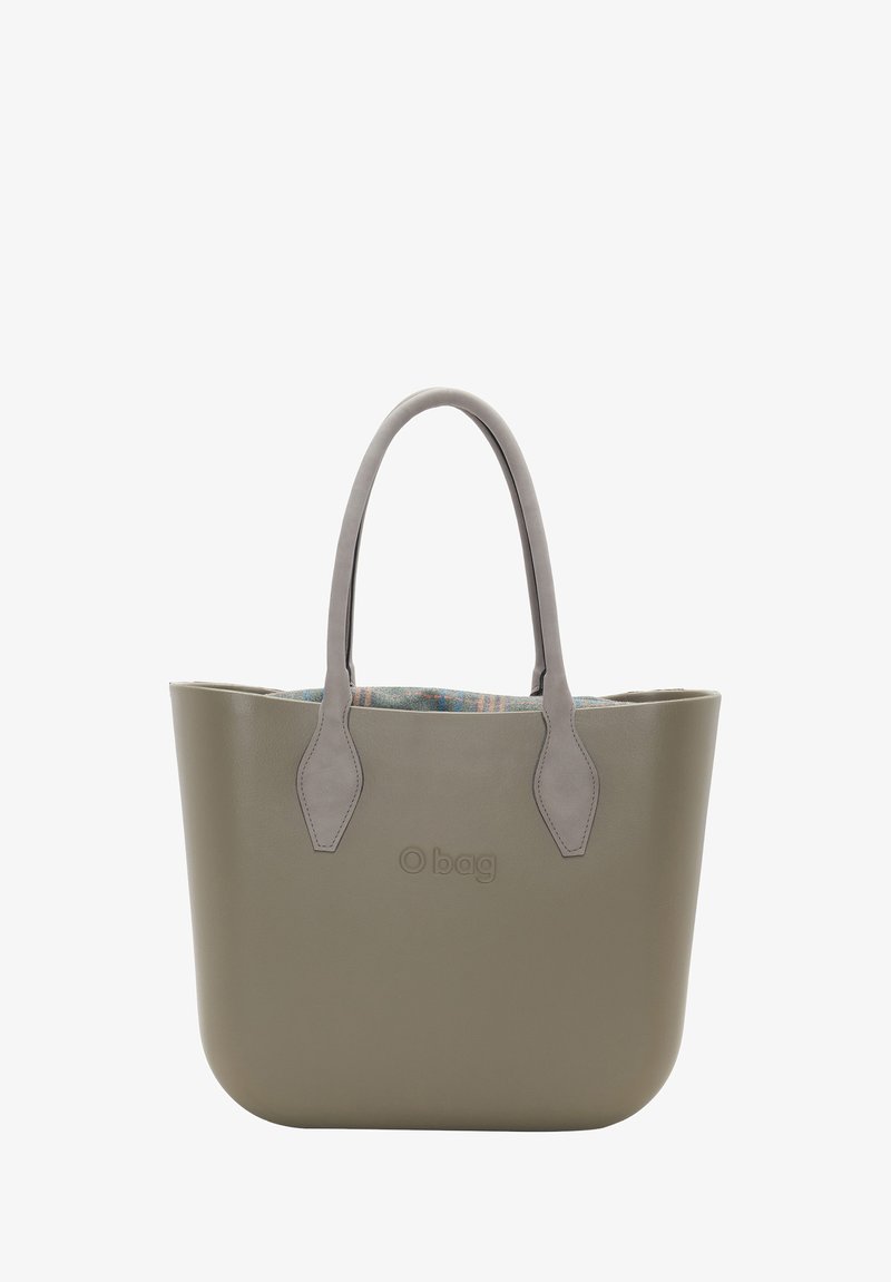 Olivgrüne Tragetasche aus glattem Material mit grauen Griffen, ausgestattet mit einem gemusterten Innenfutter. Logo auf der Vorderseite eingeprägt.