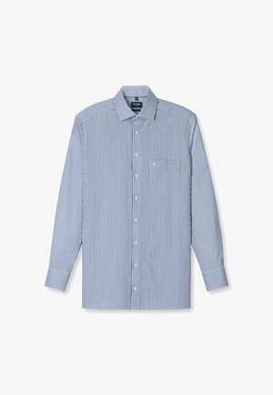 Long-sleeve button-up shirt in blue and white vertical stripes, made of cotton. Features a classic collar and a small chest pocket.