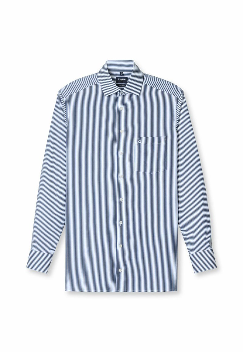 Langarm-Hemd mit blauen und weißen vertikalen Streifen aus Baumwolle. Verfügt über einen klassischen Kragen und eine kleine Brusttasche.