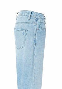 Jeans in denim blu chiaro con gamba dritta, vita alta, dettagli delle tasche posteriori e cuciture sottili. Tessuto testurizzato con una finitura liscia.