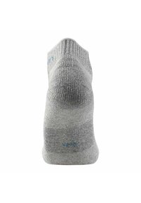 Grå ankelstrømpe med ribbet tekstur og blå logo-detaljer. Har forstærket hæl og tå, glat ribkant og sømløst design.