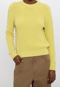 Maglione giallo lavorato a maglia con scollatura a girocollo, texture a coste e maniche lunghe; abbinato a pantaloni marroni. Design semplice e casual.