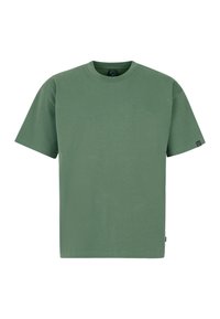 Groene katoenen T-shirt met korte mouwen, een ronde hals en een klein geborduurd logo op de borst. Gladde textuur en een relaxte pasvorm.