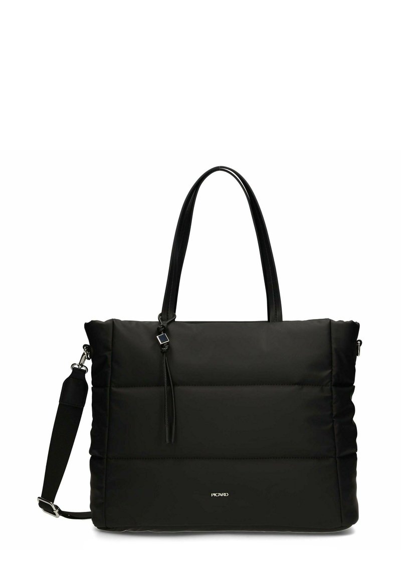 Borsa a tracolla nera in materiale sintetico con design imbottito, doppi manici, tracolla regolabile e piccolo dettaglio del logo sul davanti.