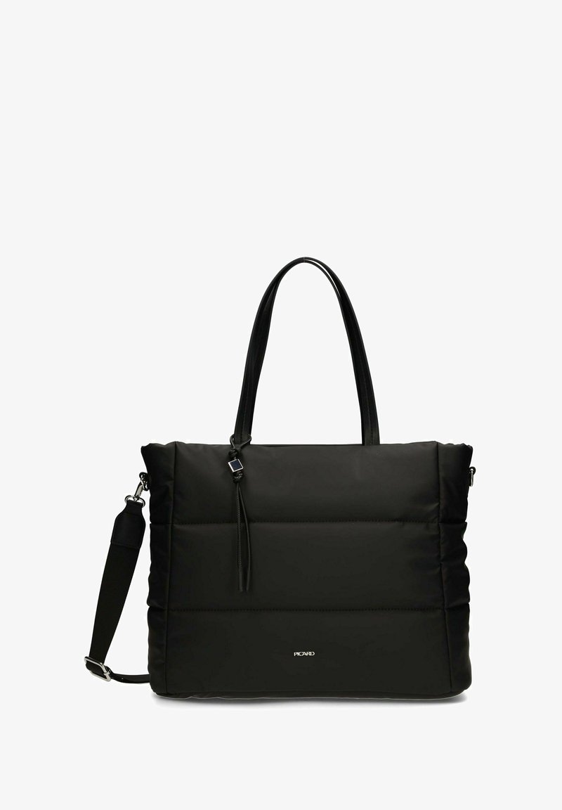 Sac fourre-tout synthétique noir avec un design rembourré, des poignées doubles, une bandoulière réglable et un petit logo sur le devant.