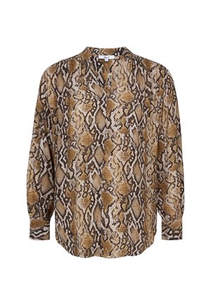 Bruine en beige blouse met slangenprint, voorzien van een Mandarin-kraag, lange mouwen en een losse pasvorm. Heeft een textuurstof met een gedurfde print.