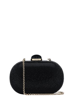 Pochette de soirée ovale noire avec surface texturée et chaîne dorée sur fond blanc.