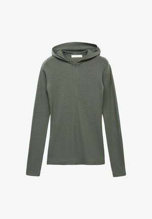 Dolga majica s kapuco v olivno zeleni barvi. Narejena je iz teksturirane tkanine z zasnovo na pol zadrgo spredaj. Ima sproščen kroj in preprost dizajn.