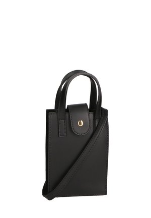 Schwarze Lederhandtasche mit strukturiertem Design, doppelten oberen Griffen, verstellbarem Schulterriemen und Details aus goldenem Metall.