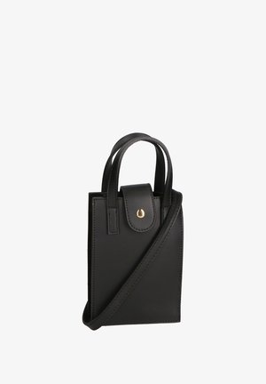 Zwarte leren handtas met een gestructureerd ontwerp, dubbele handgrepen aan de bovenkant, een verstelbare schouderriem en details in goudkleurig metaal.