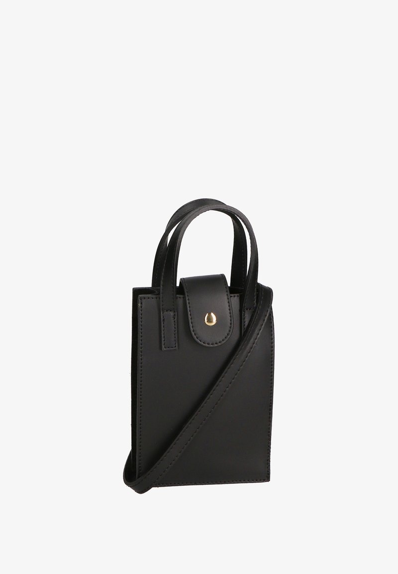 Zwarte leren handtas met een gestructureerd ontwerp, dubbele handgrepen aan de bovenkant, een verstelbare schouderriem en details in goudkleurig metaal.