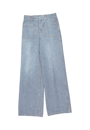 Pantalon large à larges rayures verticales bleues et blanches avec poches plaquées devant et passants pour ceinture à la taille, posé à plat sur fond blanc.