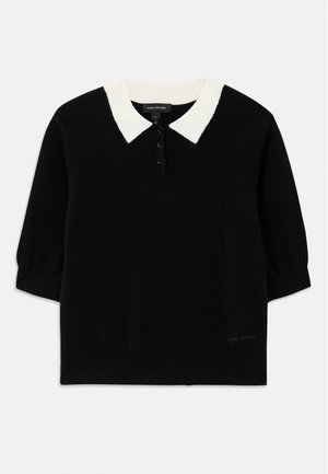 Black short-sleeve sweater with white pointed collar and three front buttons, ribbed cuffs, and hem, Marc Jacobs label inside neckline.