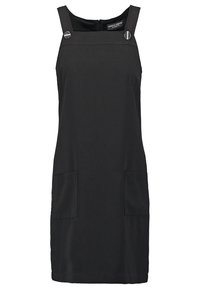Svart ärmlös knälång klänning med fyrkantig halsringning, två frampocket och silverknappdetaljer på axelbanden.