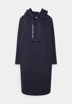 Mørkeblå lang hættetrøjekjole med snore og teksten "allow yourself to grow" på den ene side, vist mod en hvid baggrund.