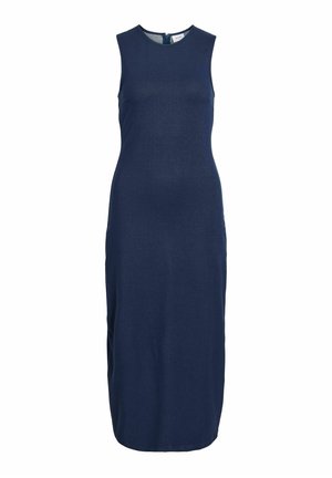 Robe midi bleu marine sans manches avec col montant et fermeture éclair au dos, en tissu lisse.