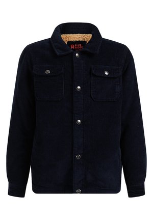 Marineblaue Cordjacke aus Cord mit Knopfverschluss, zwei Brustklappentaschen und beige gefüttertem Lammfellkragen.