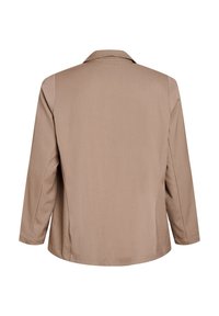 Beige sako s hladkým povrchem, dlouhými rukávy a klasickým límcem. Zadní strana má čistý, minimalistický design bez ozdob.
