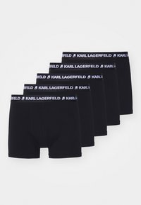 Zwart katoenen boxershorts set van vijf met een witte elastische tailleband waarop het "KARL LAGERFELD" logo in vetgedrukte tekst is gedrukt.