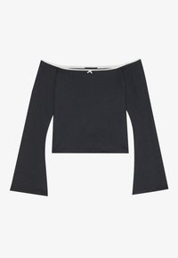 Schwarzes, schulterfreies Croptop mit langen, ausgestellten Ärmeln. Verfügt über einen weißen Saum entlang des Ausschnitts und ein kleines Schleifendetail auf der Rückseite.