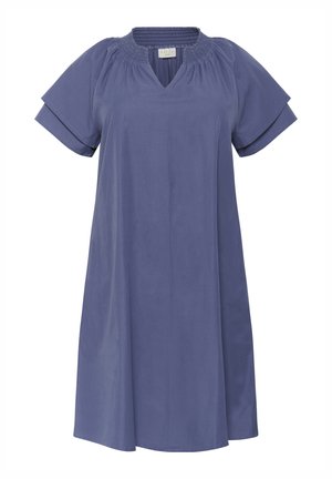 Purple short-sleeved dress with a V-neck and smocked detailing at the neckline, featuring a loose, flowing design and above-knee length.