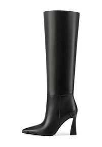 Black knee-high boot made from smooth leather. Features a pointed toe and a chunky heel with a glossy finish at the base.