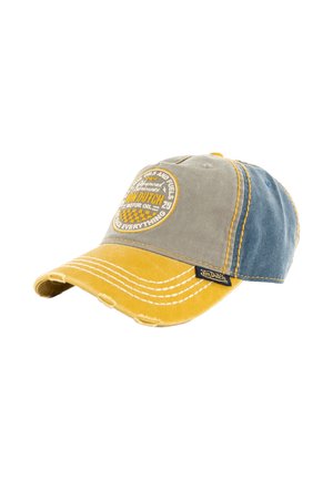 Casquette de baseball avec une visière jaune, une couronne grise et des panneaux latéraux bleus. Présente un patch rond et des coutures contrastées. Détails vieillis présents.