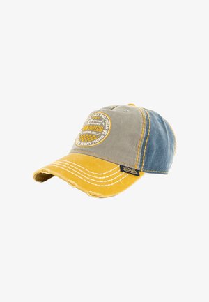 Casquette de baseball avec une visière jaune, une couronne grise et des panneaux latéraux bleus. Présente un patch rond et des coutures contrastées. Détails vieillis présents.