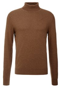 Brauner Rollkragenpullover aus weichem, glattem Stoff. Mit langen Ärmeln und einem figurbetonten Design, das über einen gerippten Hals- und Saumabschluss verfügt.