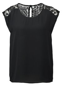Blouse noire avec détail en dentelle sur les épaules, manches courtes, col rond et ouverture en goutte d'eau dans le dos. Tissu lisse et léger.