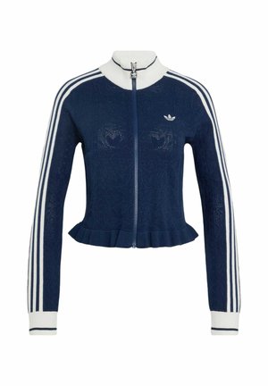 Granatowa kurtka zapinana na zamek, z białymi paskami na rękawach, białym kołnierzem i mankietami, logo Adidas na piersi oraz marszczonym dołem.