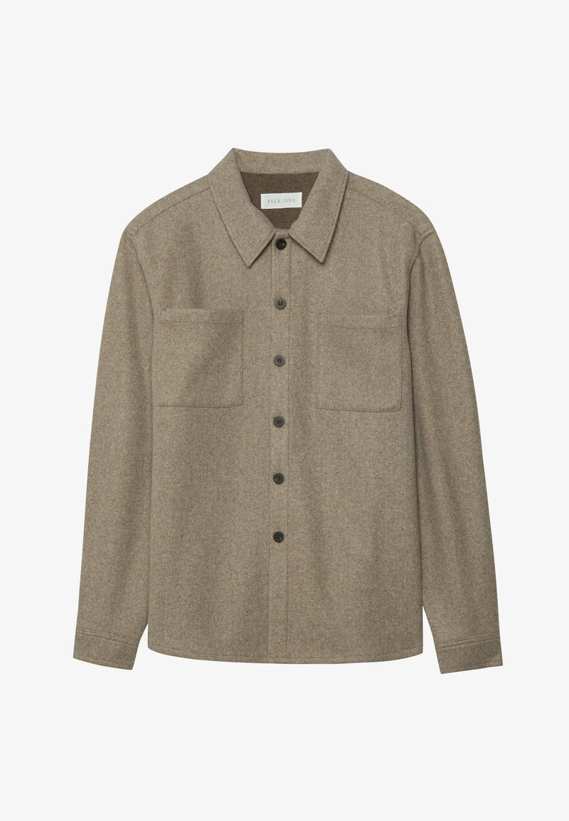 Brown wool button-up shirt featuring a pointed collar, two chest pockets, and black buttons. Smooth texture with a relaxed fit.