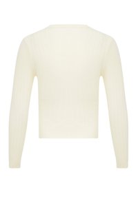 Maglione a maglia color crema con maniche lunghe, una texture a costine e un design cropped con scollatura rotonda.