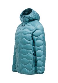 Teal, quiltet pufferjakke med hætte, der har lynlås foran, elastiske manchetter og små lynlås-lommer, der viser et bølget mønster på stoffet.