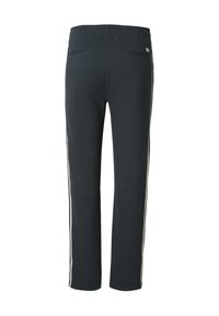 Schwarze Jogginghose mit lockerer Passform, elastischem Bund und zwei Gesäßtaschen. Verfügt über kontrastierende weiße Seitenstreifen entlang der Beine.