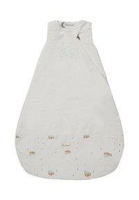 Weißer Schlafsack mit seitlichem Reißverschluss, der eine hellgrüne Fuchsstickerei und ein Muster aus bunten Regentropfen und Füchsen am Saum zeigt.