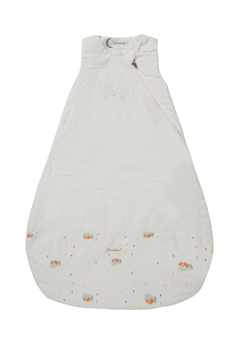 Weißer Schlafsack mit seitlichem Reißverschluss, der eine hellgrüne Fuchsstickerei und ein Muster aus bunten Regentropfen und Füchsen am Saum zeigt.