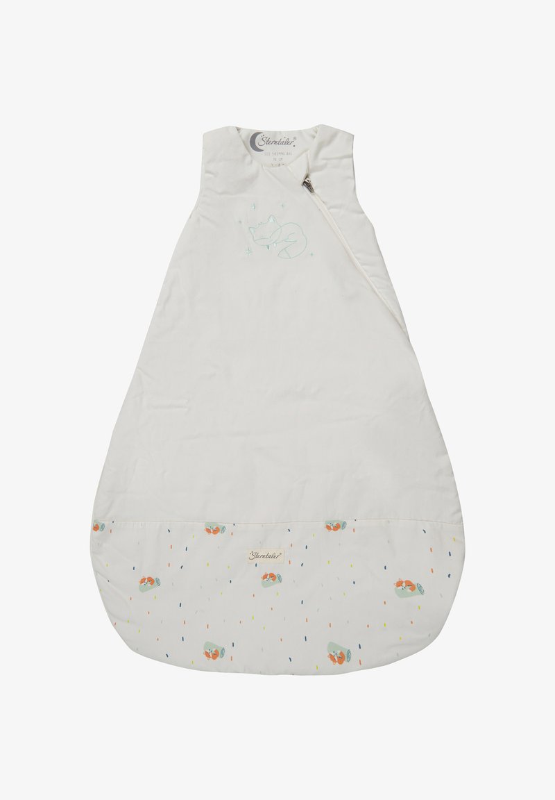 Weißer Schlafsack mit seitlichem Reißverschluss, der eine hellgrüne Fuchsstickerei und ein Muster aus bunten Regentropfen und Füchsen am Saum zeigt.