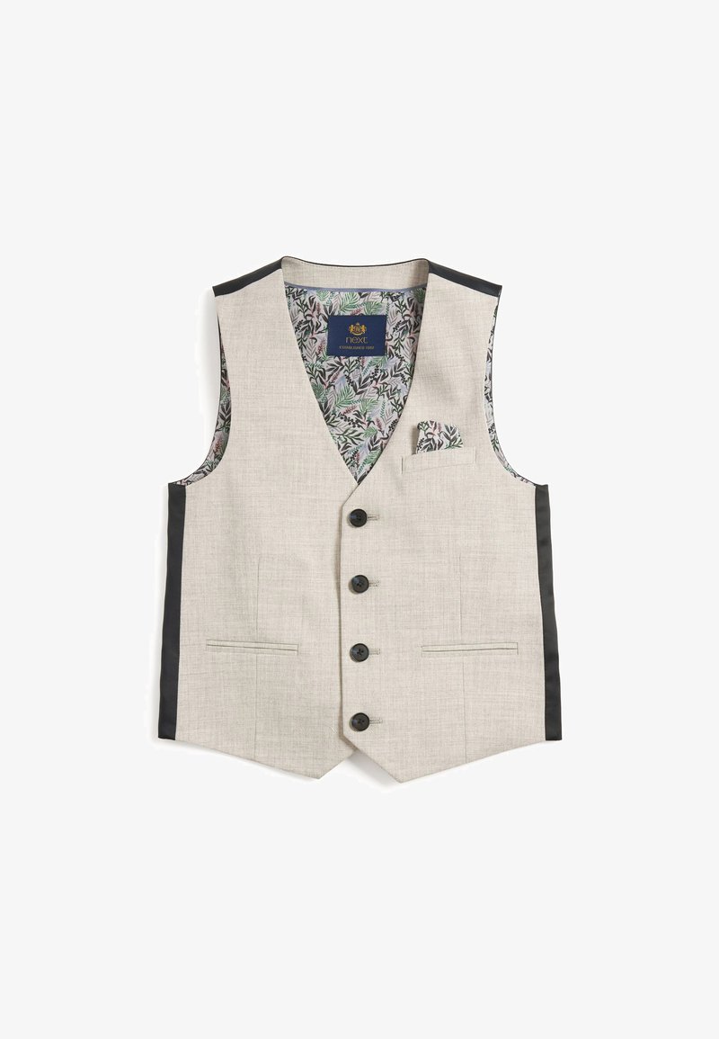Gilet in lino beige con scollatura a V, cinque bottoni neri, accenti laterali neri e fodera interna a fantasia floreale. Presenta una tasca sul petto.
