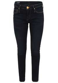 Jeans ajustados de denim en azul oscuro, con un diseño clásico de cinco bolsillos, herrajes dorados y acentos de costura amarilla.