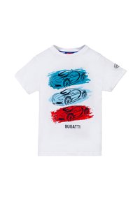 T-shirt di cotone bianca con tre illustrazioni di auto stilizzate in blu e rosso, con "BUGATTI" stampato sotto i disegni in nero.