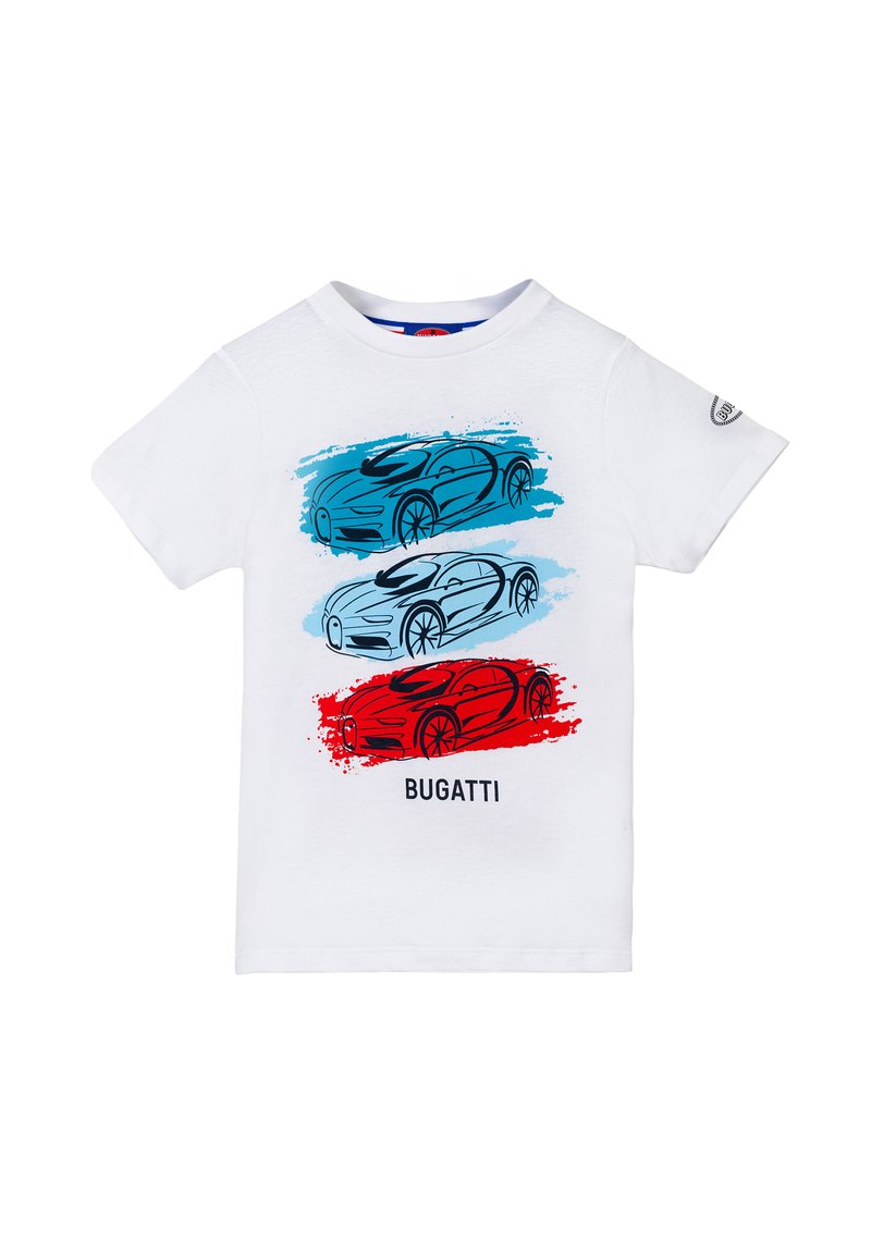 T-shirt di cotone bianca con tre illustrazioni di auto stilizzate in blu e rosso, con "BUGATTI" stampato sotto i disegni in nero.