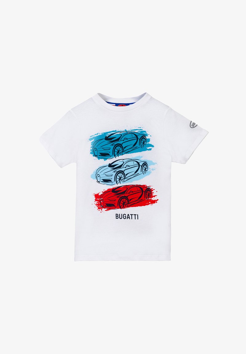T-shirt di cotone bianca con tre illustrazioni di auto stilizzate in blu e rosso, con "BUGATTI" stampato sotto i disegni in nero.