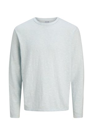 Pull bleu clair à manches longues avec col rond, en tissu subtilement texturé et ourlet droit.