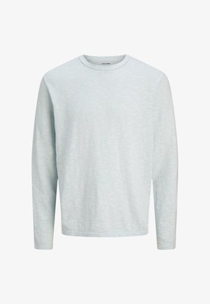 Pull bleu clair à manches longues avec col rond, en tissu subtilement texturé et ourlet droit.