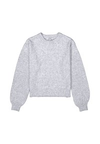 Grauer, kurz geschnittener Pullover aus weichem Strickstoff, mit Rundhalsausschnitt und Ballonärmel mit gerippten Bündchen und Saum.