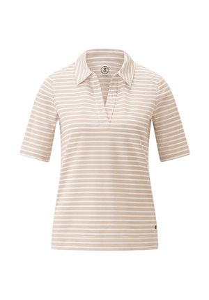 Beige-weißer, gestreifter Poloshirt mit kurzen Ärmeln, einem Kragen und einer halben Knopfleiste. Aus glattem, leichtem Stoff hergestellt.