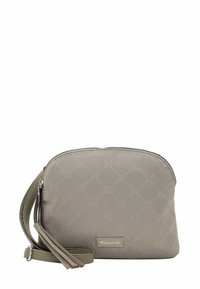 Borsa a tracolla grigia con motivo a diamante, piastra metallica con marchio, chiusura con zip e tracolla regolabile con frange decorative.